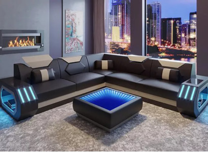 Corner sofa Leather upholstery Design Living room Corner sofa Couch Sofa L-shape Living landscape
