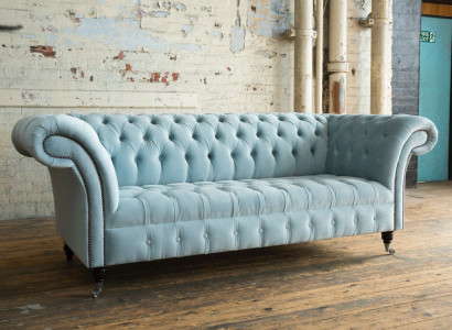 Chesterfield 3 Seater Upholstery Couch Leather Sofa Couches Textile Modern Style Blue
