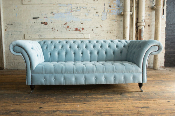 Chesterfield 3 Seater Upholstery Couch Leather Sofa Couches Textile Modern Style Blue