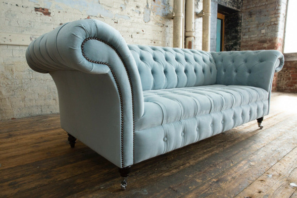 Chesterfield 3 Seater Upholstery Couch Leather Sofa Couches Textile Modern Style Blue