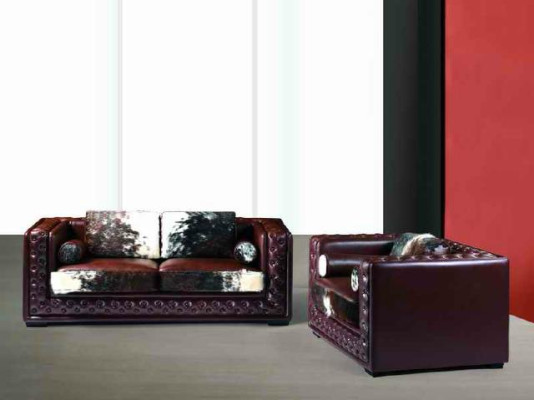 Dark red Chesterfield sofa set 3+2 seater 2 pieces. Leather set with pony skin