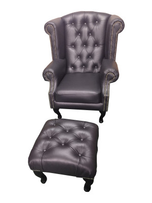 Luxury Wing Chair and Stool Chesterfield Armchair Leather Black Modern