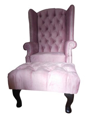 Chesterfield Wing Chair Stool Velvet Pink Seat Lounge Relax Lounge Club