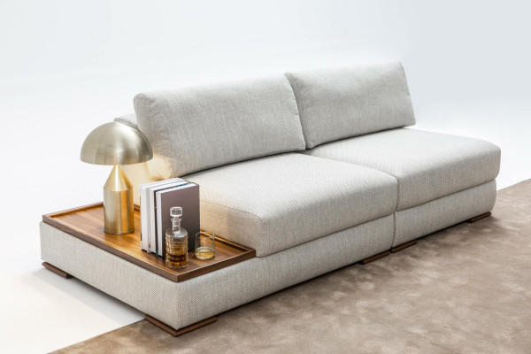 Slim, modern 2-seater soft sofa with integrated wooden table and wide seat