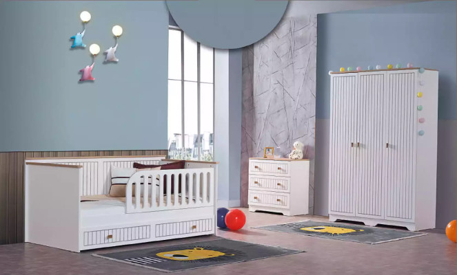 Childrens room Youth room White Bed Chest of drawers Wardrobe 3-piece