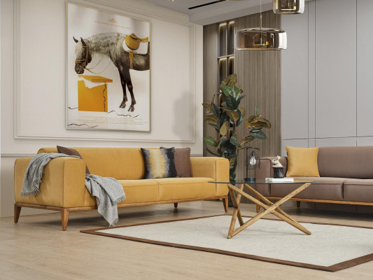 Three Seater Sofa 3 Seater Sofas Fabric Yellow Living room Luxury Modern Seat