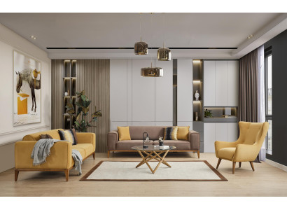 Sofa set Complete e Sofa 431 Seater Armchair Fabric Yellow Set 3pcs new