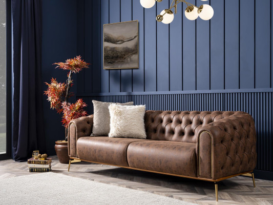 Chesterfield Four Seater Sofa 4 Seater Seat Polyester Brown Imitation leather