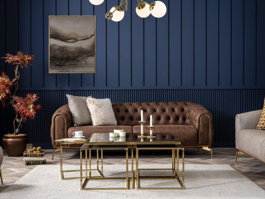 Chesterfield Four Seater Sofa 4 Seater Seat Polyester Brown Imitation leather