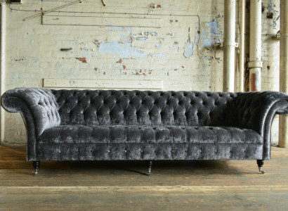 Designer Chesterfield Gray Luxury Couch Sofa 4 Seater Fabric Sofa