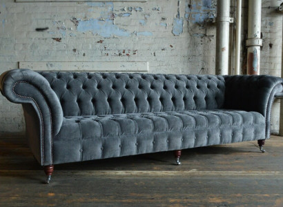 Designer Gray Chesterfield Couch Big Sofa 4-Seater Upholstery Furniture