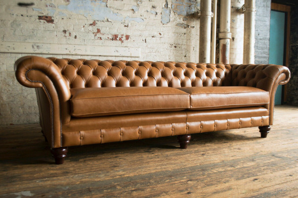 Brown Chesterfield Sofa Luxury 4-Seater Couch Upholstery Fabric Seater