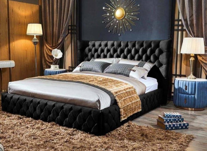 Chesterfield Black Bed Bedroom Beds Textile Velvet Big Hotel Beds