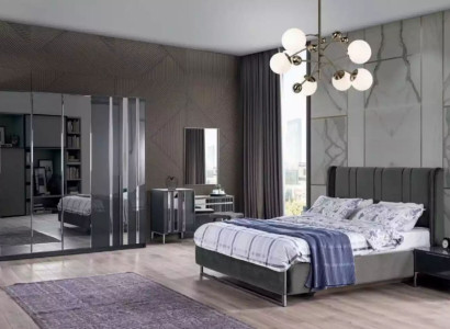 Bedroom Bed 2x Bedside tables Wardrobe Mirror Design Luxury 6-piece