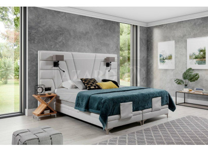 Bed Beds Double bed Bedroom Leather Upholstery Textile Hotel + Lamps