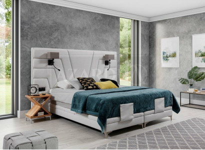 Bed Beds Double bed Bedroom Leather Upholstery Textile Hotel + Lamps