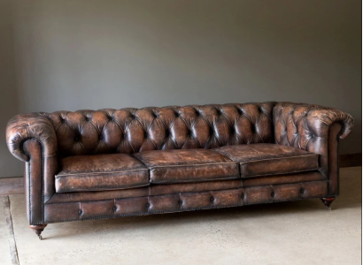 Brown Chesterfield 3-Seater Leather Sofa Couch English Style Furniture