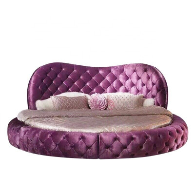 Round Chesterfield Design Bed Bedroom Textile Leather Upholstery Purple Round Luxury