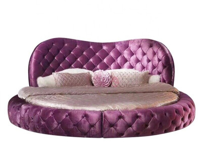 Round Chesterfield Design Bed Bedroom Textile Leather Upholstery Purple Round Luxury