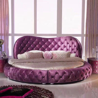 Round Chesterfield Design Bed Bedroom Textile Leather Upholstery Purple Round Luxury
