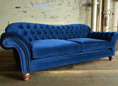 Design Sofa 4 Seater Couch Textile Upholstery Blue Classic Sofas Chesterfield new