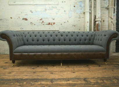 Design Chesterfield Sofa 4-Seater Gray Couch Upholstery Leather Sofas Living room new