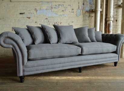 Classic Chesterfield Couch 4 Seater Sofa Couch Velvet Leather Design Gray 265cm