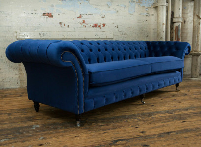 Classic Chesterfield Couch 4 Seater Sofa Couch Velvet Leather Blue Design Upholstery