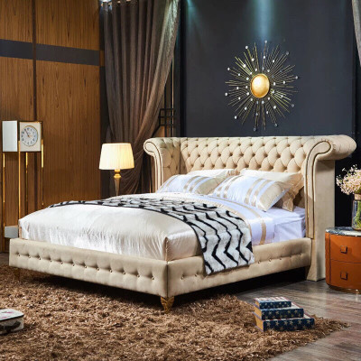 Classic s Bedroom Bed Beige Textile Leather Upholstery Double bed 180x200cm