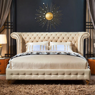 Classic s Bedroom Bed Beige Textile Leather Upholstery Double bed 180x200cm