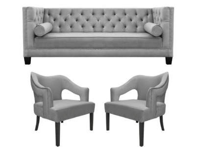 Silver velvet suite sofa set 3 pieces. Set Couch Seat Upholstery Chesterfield