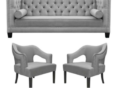 Silver velvet suite sofa set 3 pieces. Set Couch Seat Upholstery Chesterfield