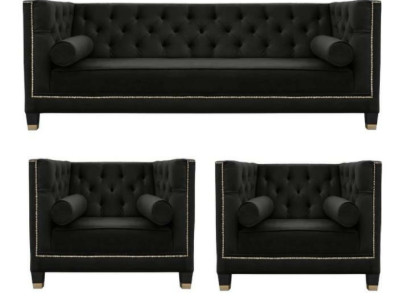 Black Living room Sofa set Chesterfield Armchair three-seater 3-piece