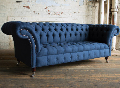Blue Textile Chesterfield 4-Seater Designer Upholstery Sofa
