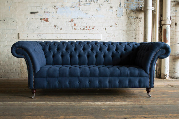 Blue Textile Chesterfield 4-Seater Designer Upholstery Sofa