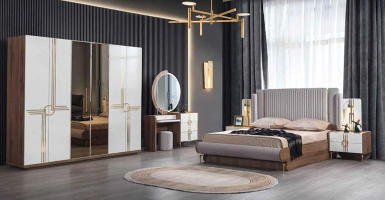 Complete e Bedroom Luxury Furniture Bed Wardrobe Chest of drawers Bedside table Wood 5pcs.