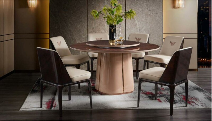 Leather Luxury Beige Group Armchair Modern Design Furniture Dining room Wood 6 Chairs