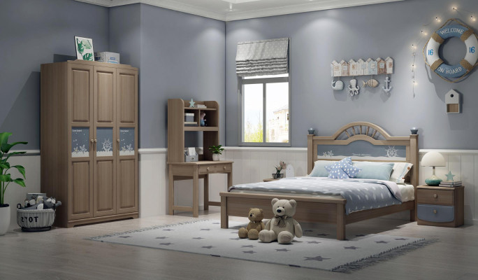 Youth Children Room Set Bedroom Modern Wardrobe Bed Bedside table Table 5pcs.