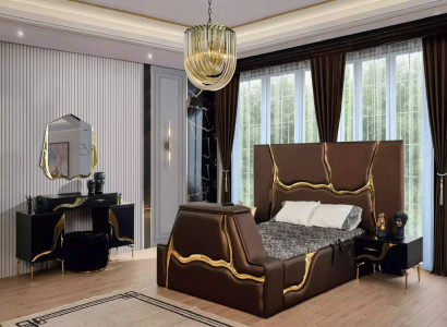 Luxury Bedroom Set Bed Bedside table Gold Dressing table Bedside tables 5 pieces