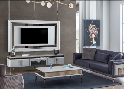 Designer living room set 4 pieces. Upholstered sofa TV stand coffee table tables