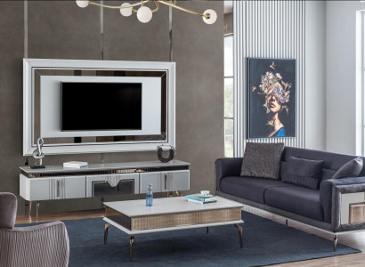 Designer living room set 4 pieces. Upholstered sofa TV stand coffee table tables