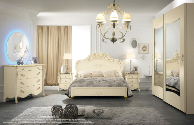 Bedroom Set Bizzotto Bed Bedside table Chest of drawers Mirror Wardrobe 5-piece.