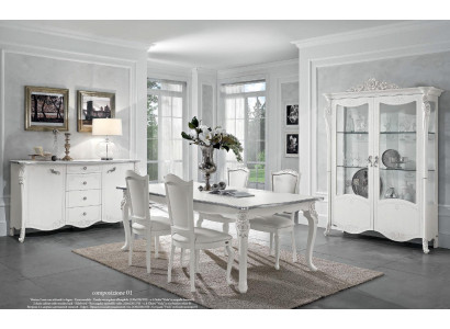 Dining room Set Dining table 4x Chairs Chest of drawers Display case Group Suite White new 7pcs.