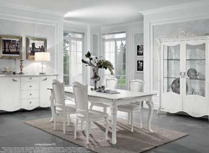 Dining room Set Dining table 4x Chairs Chest of drawers Display case Group Suite White new 7pcs.