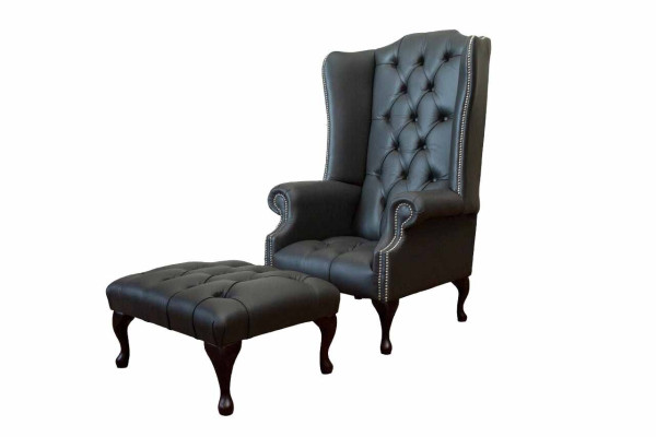 Armchair with Stool Designer upholstered armchair Chesterfield wing chair new