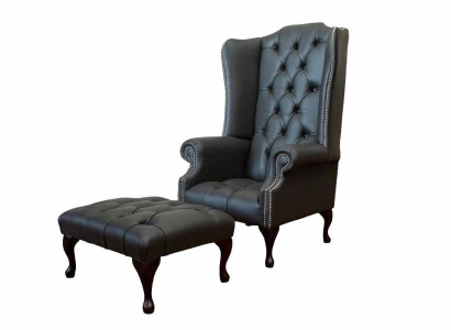 Armchair with Stool Designer upholstered armchair Chesterfield wing chair new
