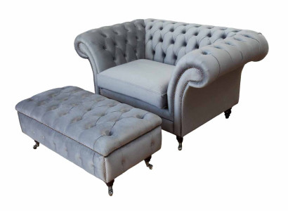 Chesterfield Wing Chair Stool Armchair Couch Upholstery Set Gray Textile