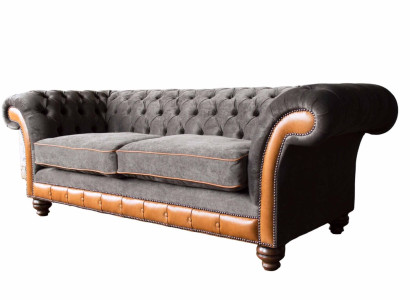 Chesterfield Sofa 3 Seater Design Couch Upholstery Fabric Upholstery Gray