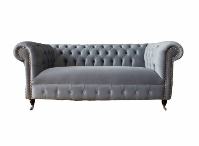 Chesterfield Gray Couch Three Seater Sofa Couches Sofas Velvet Furniture 230cm