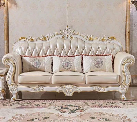 Classic three-seater Chesterfield sofa in beige with magnificent hand-carved details